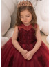 Maroon Lace Applique Tulle Keyhole Corset Back Flower Girl Dress